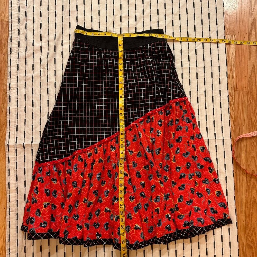 Jeanne Marc Window Pain Geometric Skirt w/Belt Long Red Black Women Elastic S - Picture 6 of 7